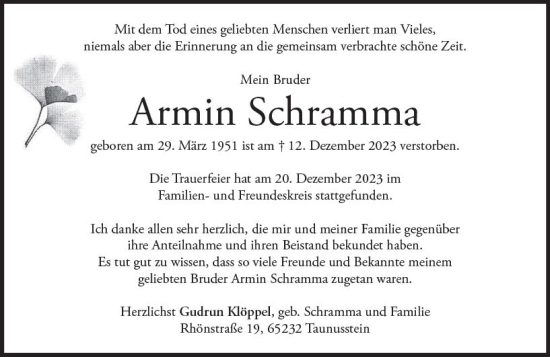 Traueranzeige von Armin Schramma von Wiesbadener Kurier