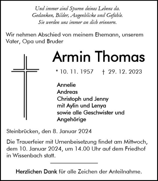 Traueranzeige von Armin Thomas von Dill Block