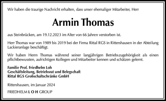 Traueranzeige von Armin Thomas von Dill Block