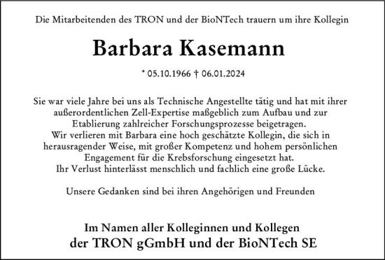 Traueranzeige von Barbara Kasemann von Allgemeine Zeitung Mainz