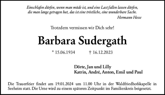 Traueranzeige von Barbara Sudergath von Darmstädter Echo