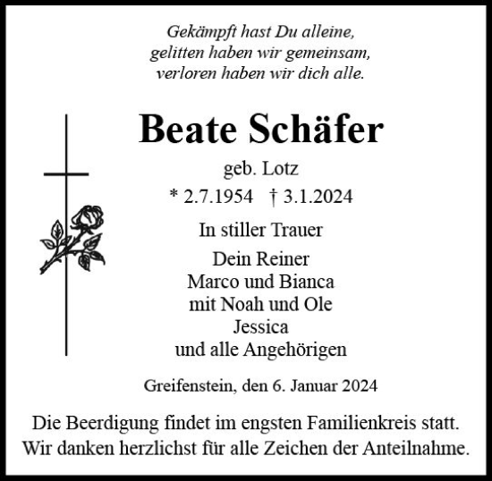 Traueranzeige von Beate Schäfer von Wetzlarer Neue Zeitung