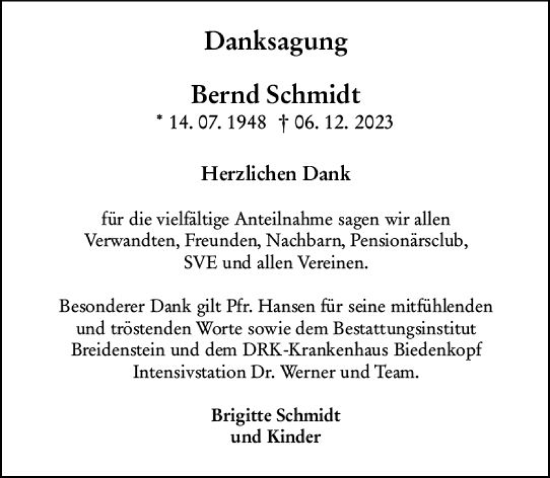 Traueranzeige von Bernd Schmidt von Hinterländer Anzeiger