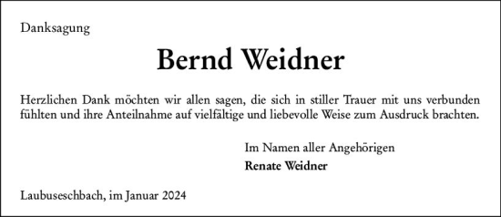 Traueranzeige von Bernd Weidner von Weilburger Tageblatt
