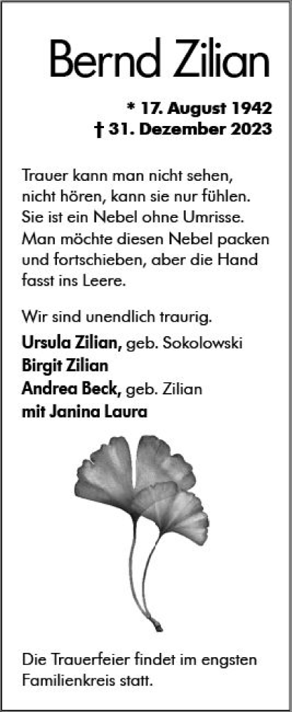 Traueranzeige von Bernd Zilian von Wiesbadener Kurier