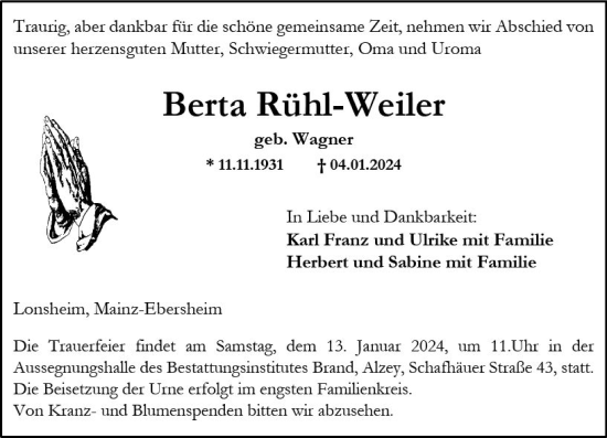 Traueranzeige von Berta Rühl-Weiler von Allgemeine Zeitung Alzey