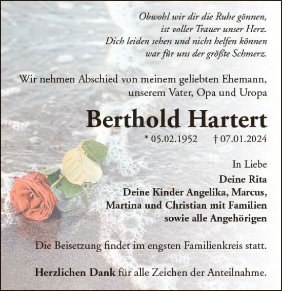 Traueranzeige von Berthold Hartert von Wetzlarer Neue Zeitung