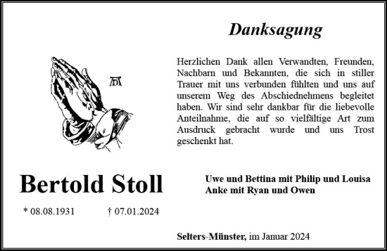 Traueranzeige von Bertold Stoll von Weilburger Tageblatt