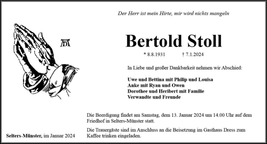 Traueranzeige von Bertold Stoll von Camberger Anzeiger