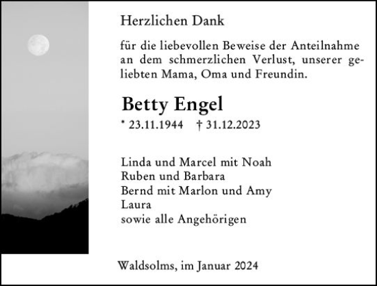Traueranzeige von Betty Engel von Wetzlarer Neue Zeitung