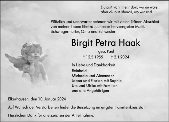 Traueranzeige von Birgit Petra Haak von Weilburger Tageblatt