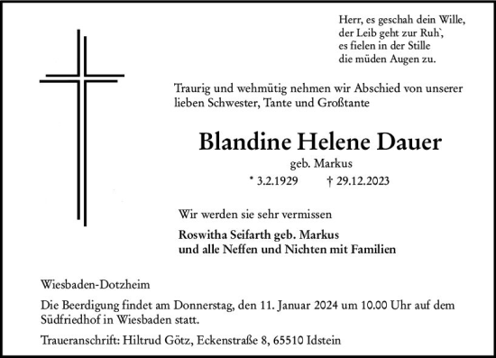 Traueranzeige von Blandine Helene Dauer von Wiesbadener Kurier
