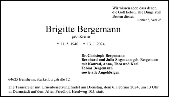 Traueranzeige von Brigitte Bergemann von Bergsträßer Anzeiger