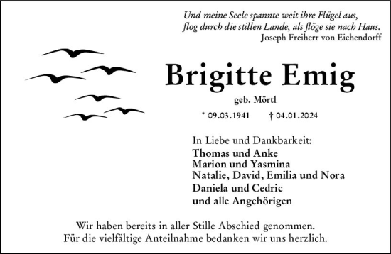 Traueranzeige von Brigitte Emig von Darmstädter Echo