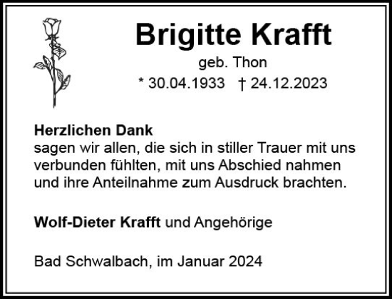 Traueranzeige von Brigitte Krafft von Wiesbadener Kurier