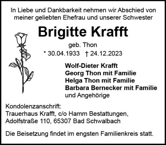 Traueranzeige von Brigitte Krafft von Wiesbadener Kurier