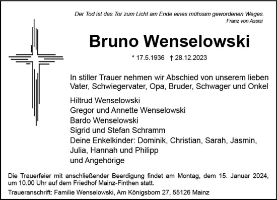 Traueranzeige von Bruno Wenselowski von Allgemeine Zeitung Mainz