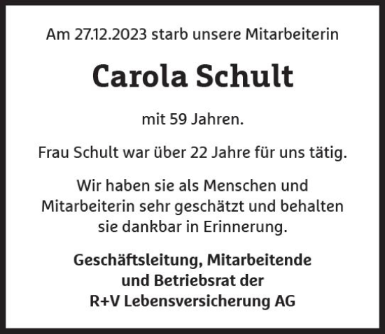 Traueranzeige von Carola Schult von Wiesbadener Kurier