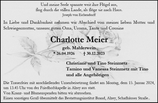 Traueranzeige von Charlotte Meier von Allgemeine Zeitung Alzey