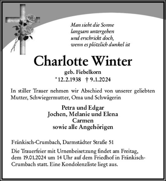 Traueranzeige von Charlotte Winter von Odenwälder Echo
