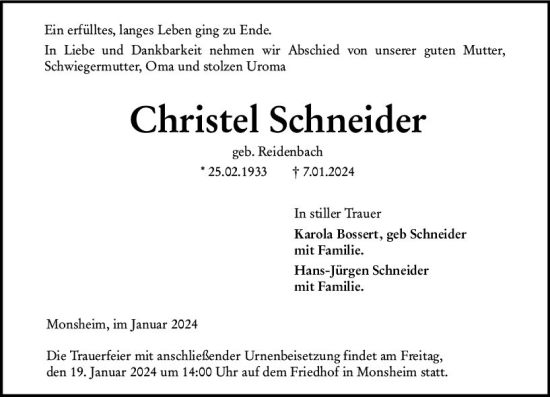 Traueranzeige von Christel Schneider von Wormser Zeitung