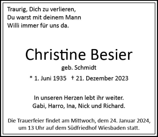 Traueranzeige von Christine Besier von Wiesbadener Kurier