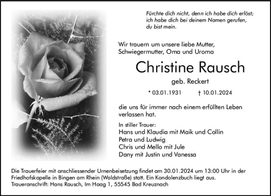 Traueranzeige von Christine Rausch von Allgemeine Zeitung Bad Kreuznach