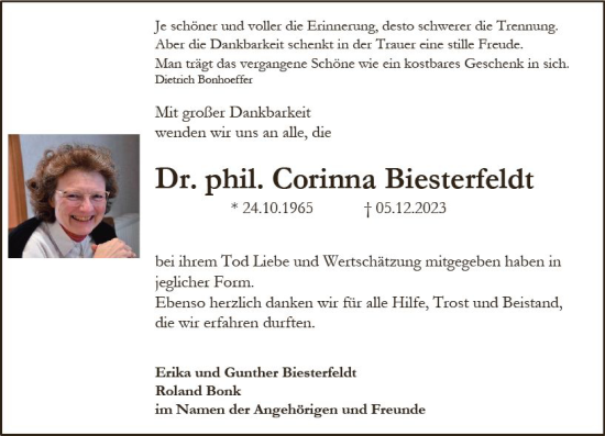 Traueranzeige von Corinna Biesterfeldt von Allgemeine Zeitung Bingen/Ingelheim