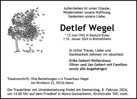 Traueranzeige von Detlef Wegel von Rüsselsheimer Echo