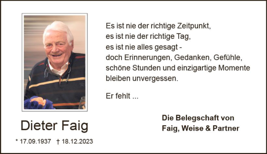 Traueranzeige von Dieter Faig von Dieburger Anzeiger/Groß-Zimmerner Lokal-Anzeiger