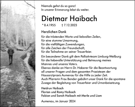 Traueranzeige von Dietmar Haibach von Weilburger Tageblatt