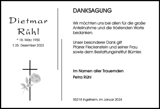 Traueranzeige von Dietmar Rühl von Allgemeine Zeitung Bingen/Ingelheim