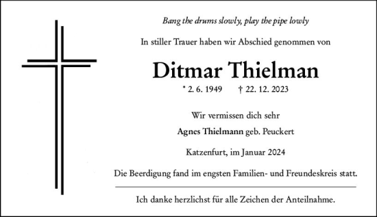 Traueranzeige von Ditmar Thielman von Wetzlarer Neue Zeitung