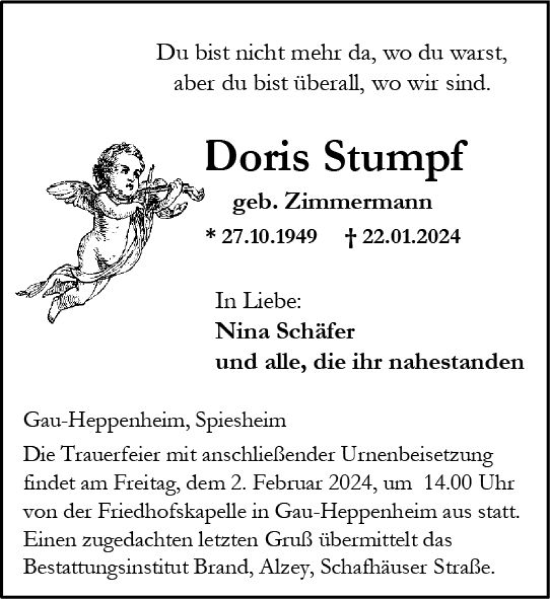 Traueranzeige von Doris Stumpf von Allgemeine Zeitung Alzey