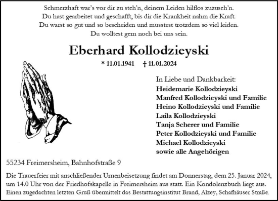 Traueranzeige von Eberhard Kollodzieyski von Allgemeine Zeitung Alzey