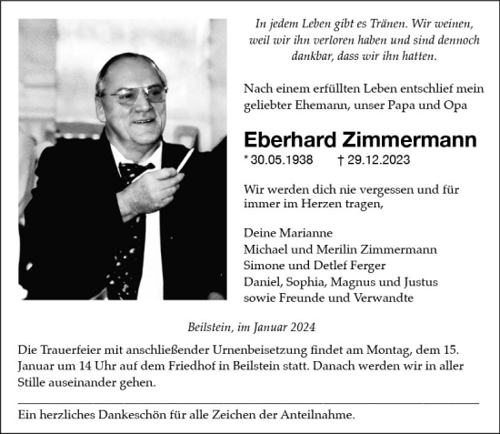 Traueranzeige von Eberhard Zimmermann von Dill Block