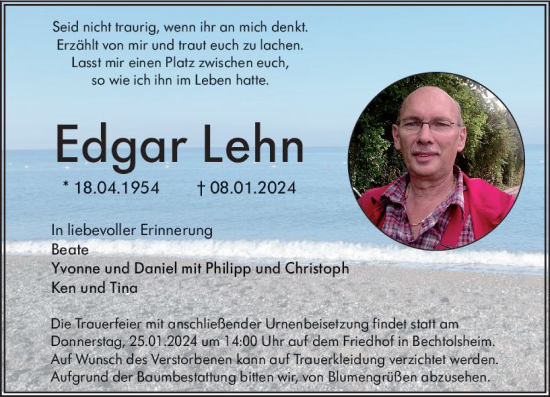 Traueranzeige von Edgar Lehn von Allgemeine Zeitung Alzey