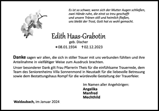Traueranzeige von Edith Haas-Grabotin von Dill Block
