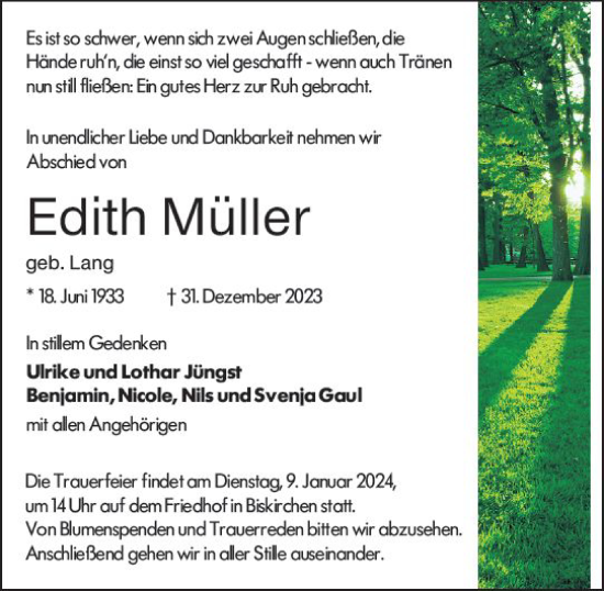 Traueranzeige von Edith Müller von Weilburger Tageblatt