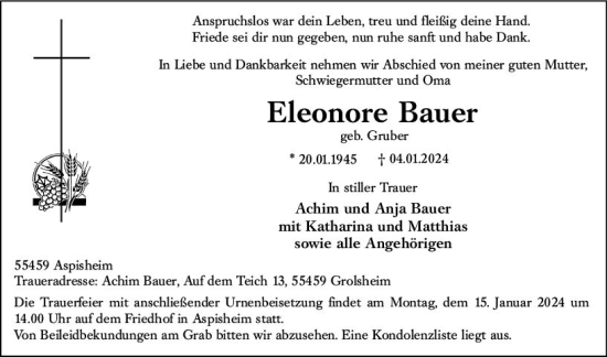 Traueranzeige von Eleonore Bauer von Binger-/Ingelheimer Wochenblatt