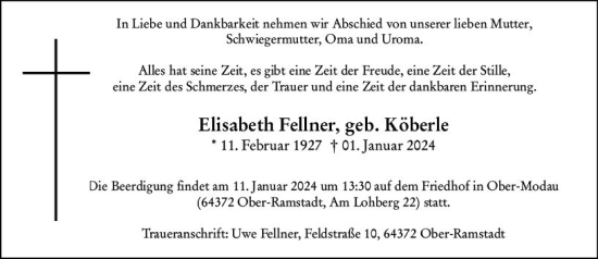 Traueranzeige von Elisabeth Fellner von Darmstädter Echo