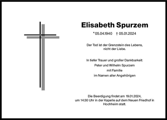 Traueranzeige von Elisabeth Spurzem von Hochheimer Zeitung