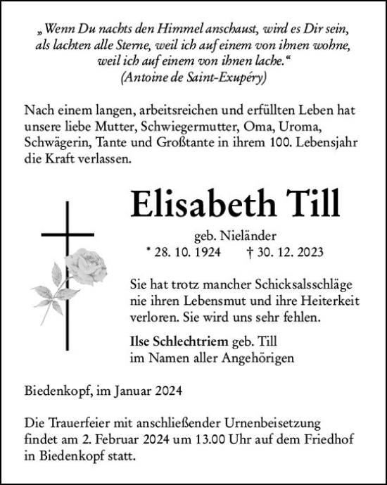 Traueranzeige von Elisabeth Till von Hinterländer Anzeiger