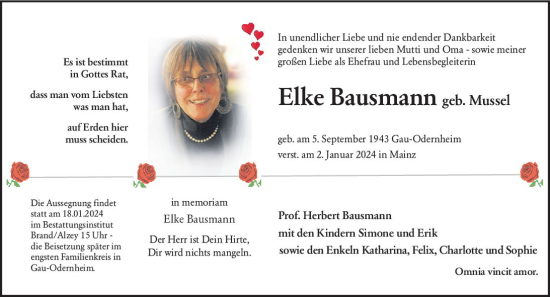Traueranzeige von Elke Bausmann von Allgemeine Zeitung Mainz