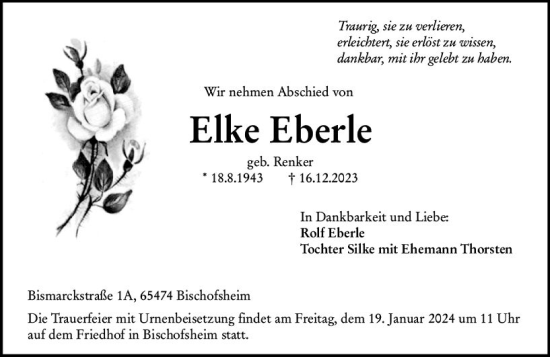 Traueranzeige von Elke Eberle von Rüsselsheimer Echo