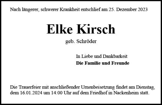 Traueranzeige von Elke Kirsch von Allgemeine Zeitung Mainz