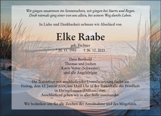 Traueranzeige von Elke Raabe von Wetzlarer Neue Zeitung