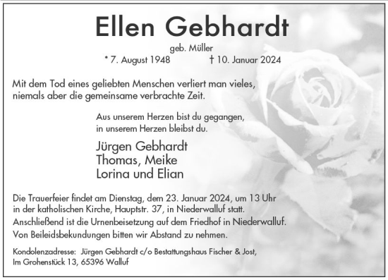 Traueranzeige von Ellen Gebhardt von Wiesbadener Kurier