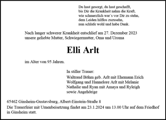 Traueranzeige von Elli Arlt von Allgemeine Zeitung Mainz