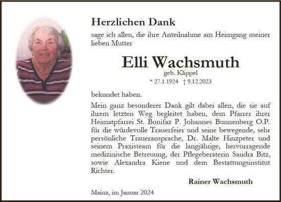 Traueranzeige von Elli Wachsmuth von Allgemeine Zeitung Mainz